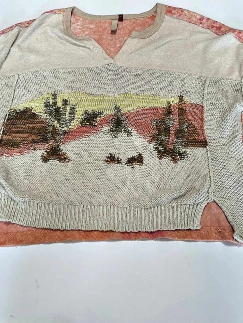 Pilcro Desert Intarsia Sweater Tee Abstract Knit Pink & Beige Large